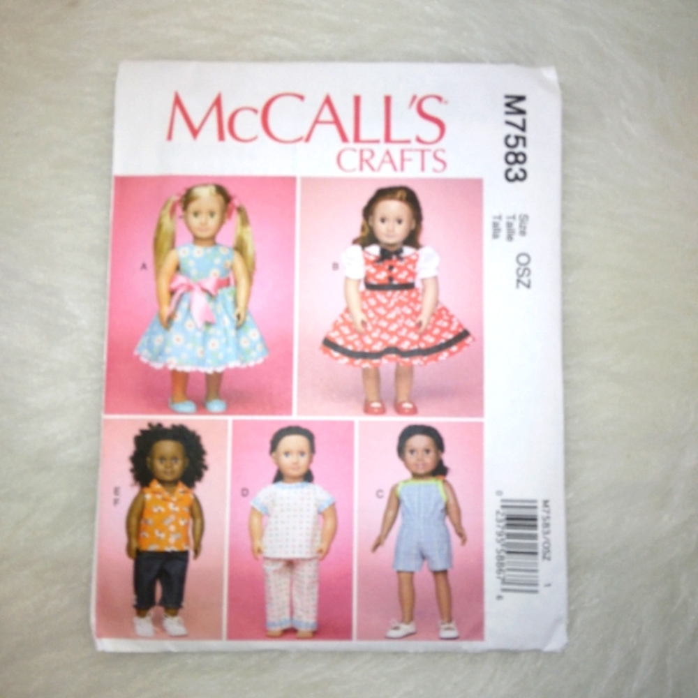 McCall's M7583 American Girl Doll sized dresses, tops, shirt, pants, PJs, romper